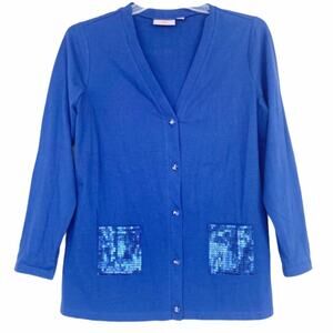 Quacker Factory Blue Sequin Button Front Cardigan Sz S